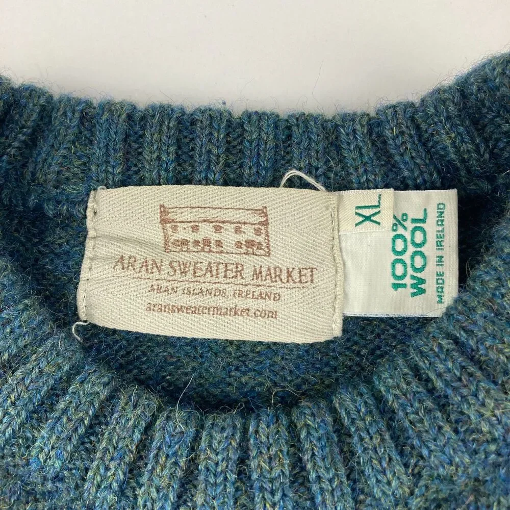 Aran Sweater Market Mens XL 100% Wool Ireland Blue Crewneck Sweater Irish